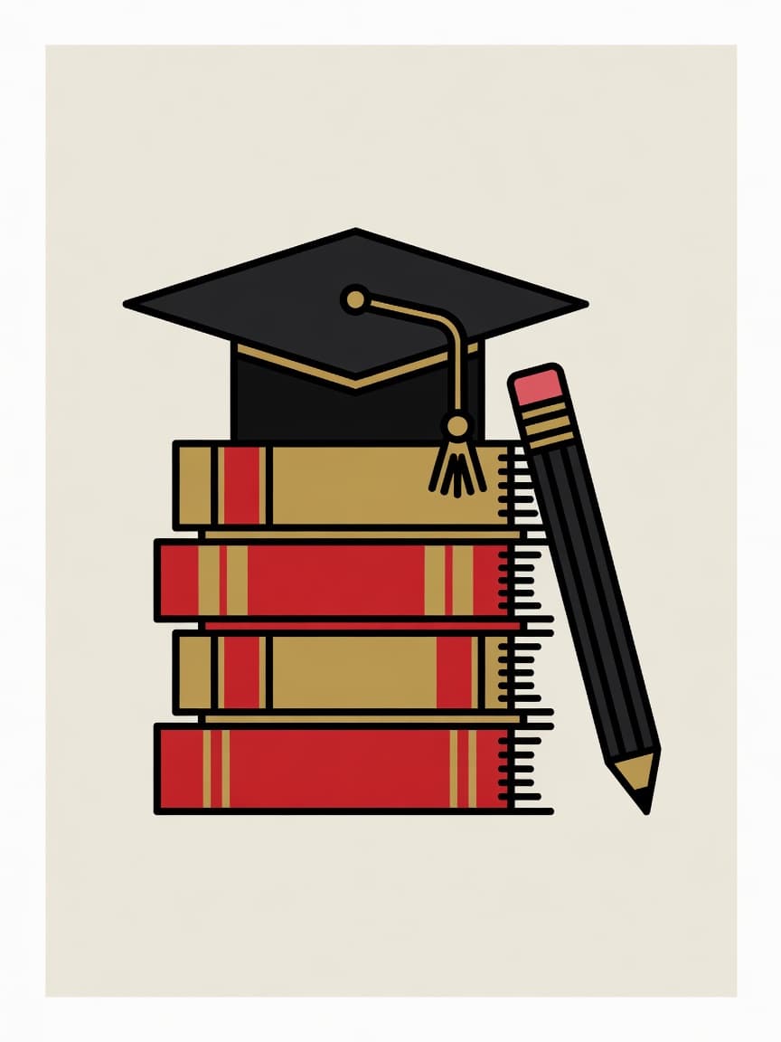 Illustration von Büchern und Abschlusshut als Symbol für Bildung