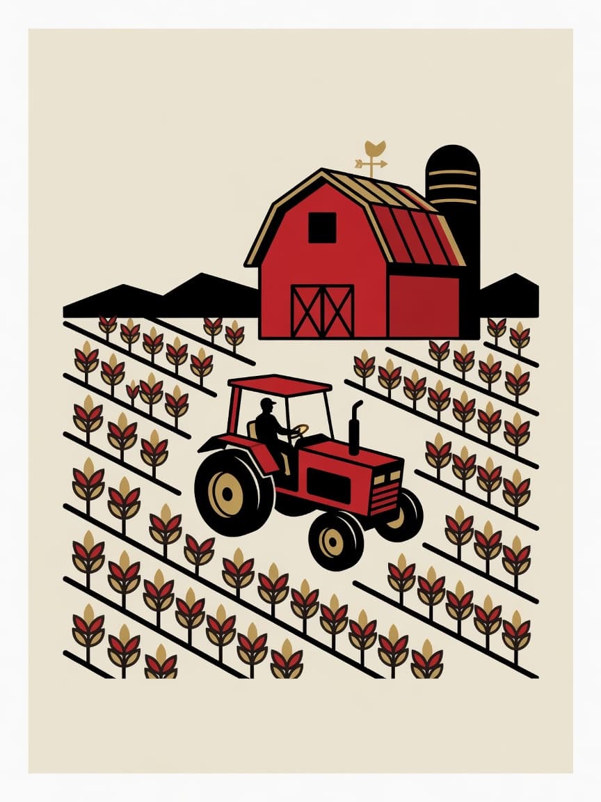 Illustration von Feldern und einem Traktor als Symbol für Landwirtschaft