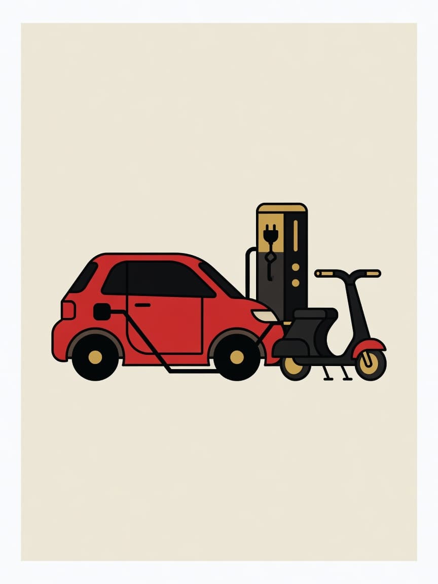 Illustration eines Elektroautos und eines Rollers an einer Ladesäule