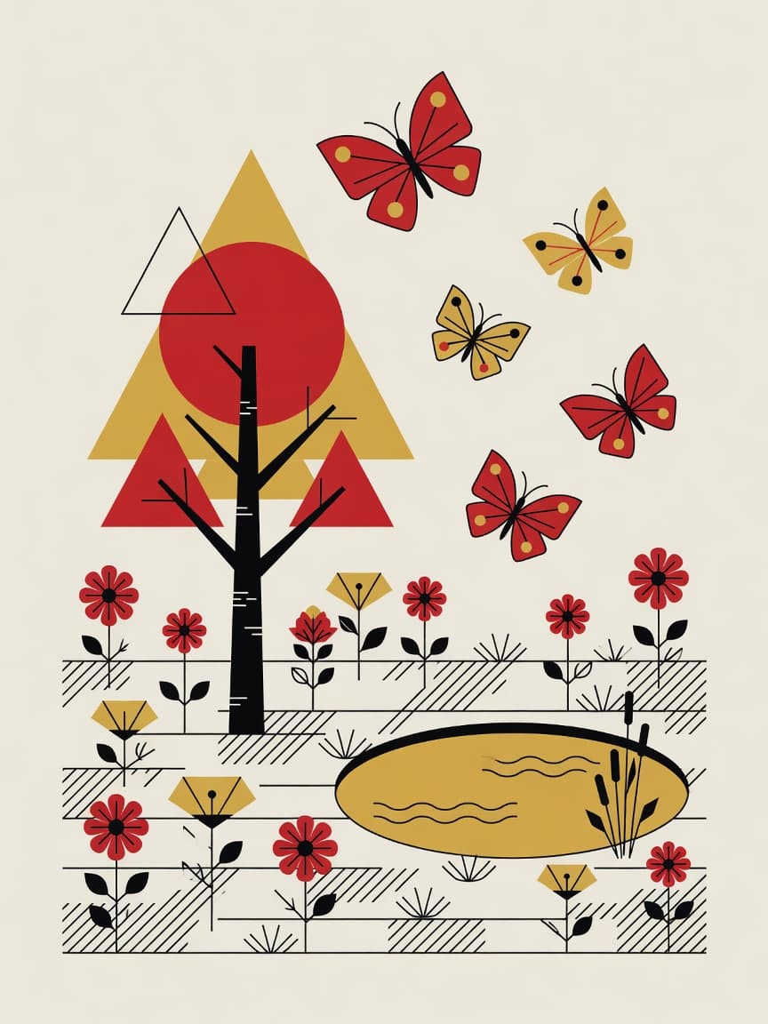 Illustration einer Blumenwiese mit Baum und Teich