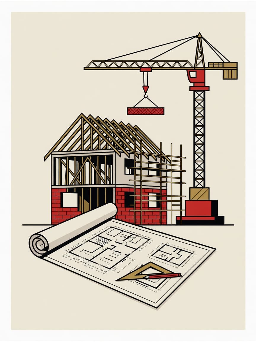Illustration eines Hauses im Bau mit Kran und Bauplan