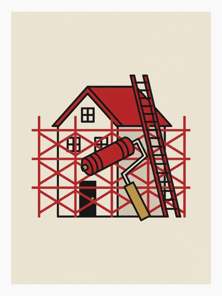 Illustration eines eingerüsteten Hauses bei der Sanierung