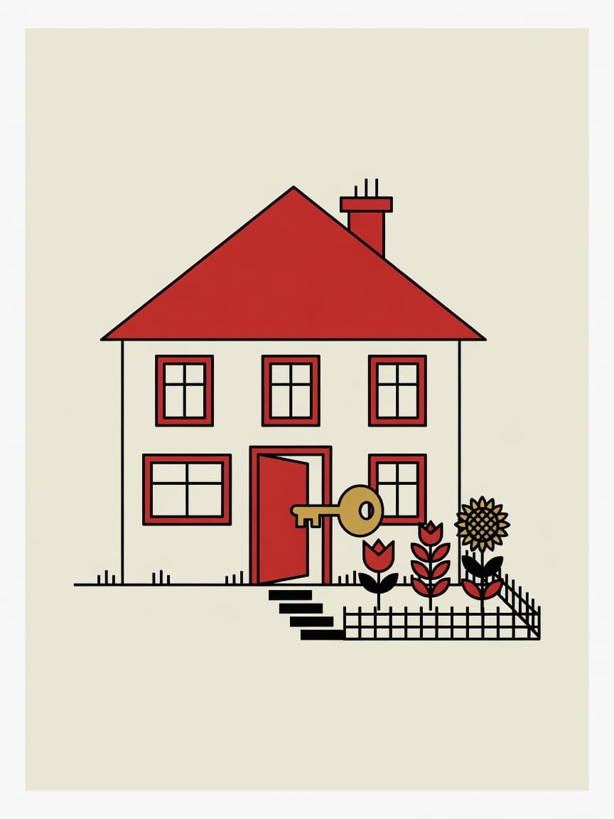 Illustration eines Wohnhauses mit Schlüssel als Symbol für Wohneigentum
